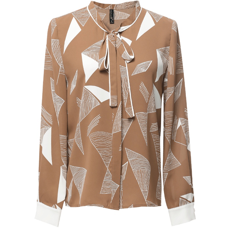 欧昵雪秋季几何图案花色衬衣女长袖OL蝴蝶结系带立领衬衫