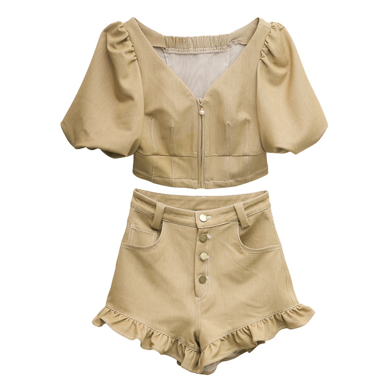 套装两件套洋气休闲时尚洋气拉链短上衣单排扣短裤两件套