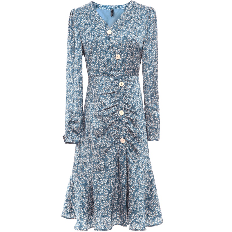 欧昵雪V领收腰碎花开叉连衣裙女长袖荷叶边鱼尾裙子