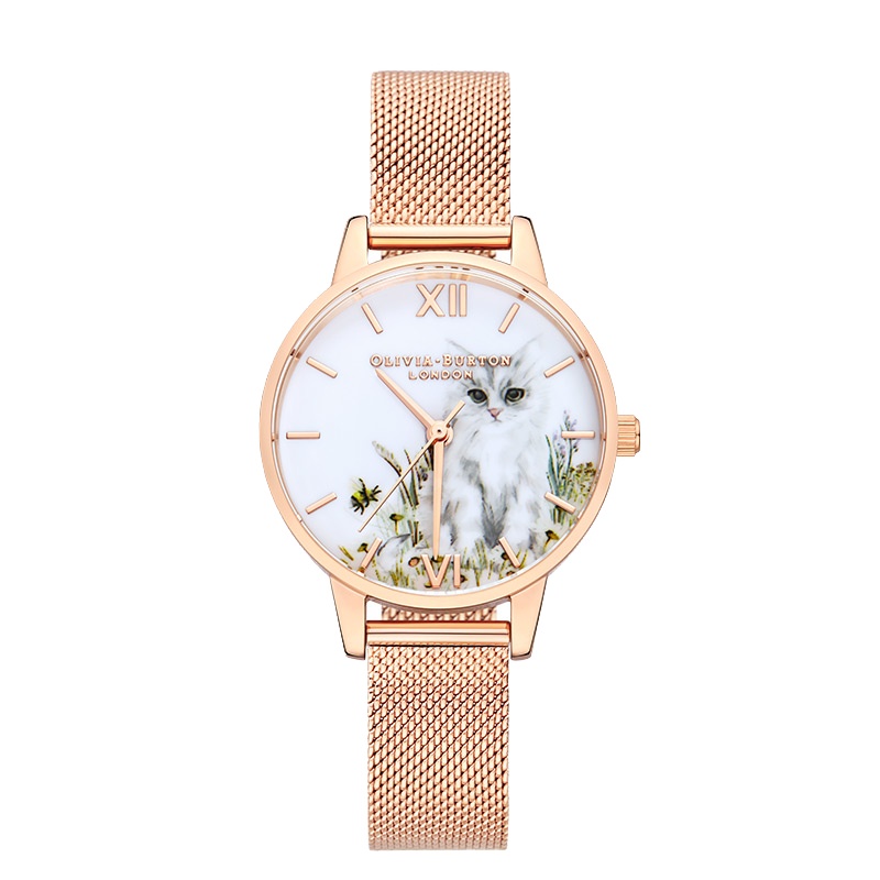 OLIVIABURTON进口 猫咪表盘女表 英国腕表时尚石英表 女OB16WL76 圆盘皮带30mm