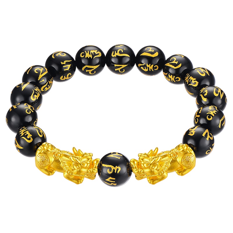 蒂蔻 貔貅黄金手链男款六字箴言黑玛瑙足金手串本命年自戴生日礼物送男士