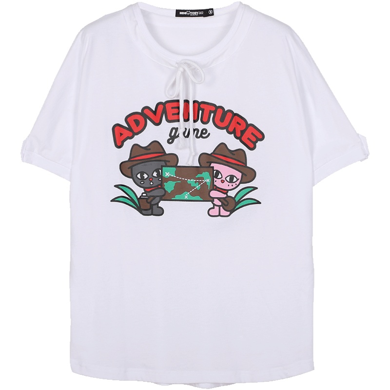 a02新款2020甜美少女卡通印花抽绳系带圆短袖T恤女潮DTV2C0291KT