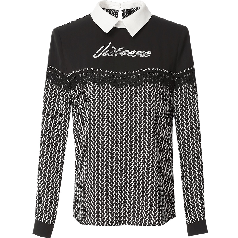 欧昵雪秋装撞色翻领假两件字母绣花衬衫女长袖套头衬衣