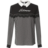 欧昵雪秋装撞色翻领假两件字母绣花衬衫女长袖套头衬衣