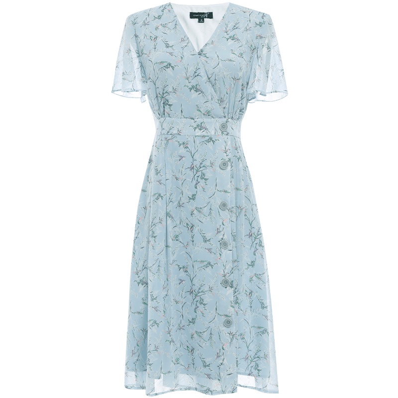 欧昵雪夏季淑女气质v领荷叶袖高腰碎花雪纺连衣裙女短袖