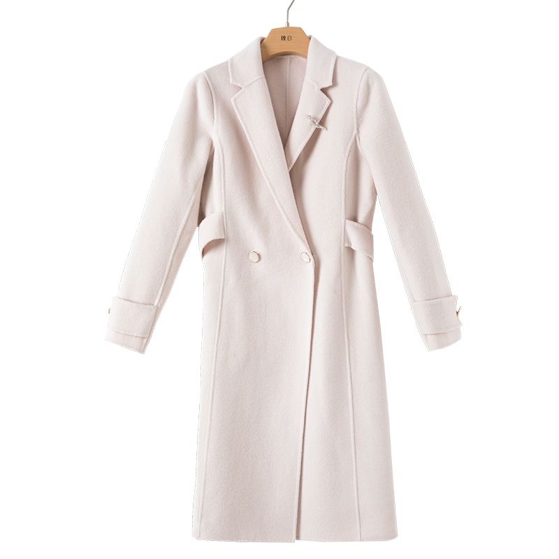 晚白2020冬季新品通勤简约纯色翻领长袖中长款西装羊毛大衣外套女