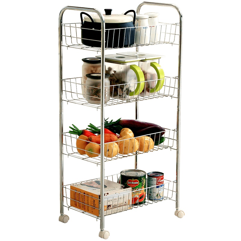 欧润哲(ORANGE) 不锈钢四层置物车浴室卧室收纳架子厨房置物架落地带轮可移动储物篮108619