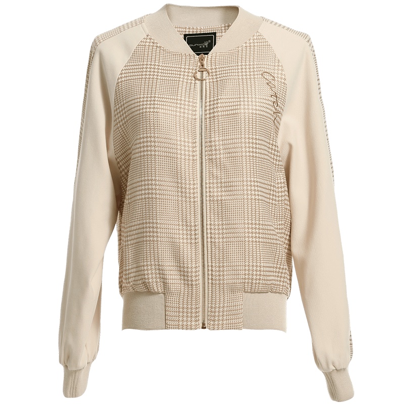 欧昵雪罗纹V领字母绣花短款棒球服外套女千鸟格夹克