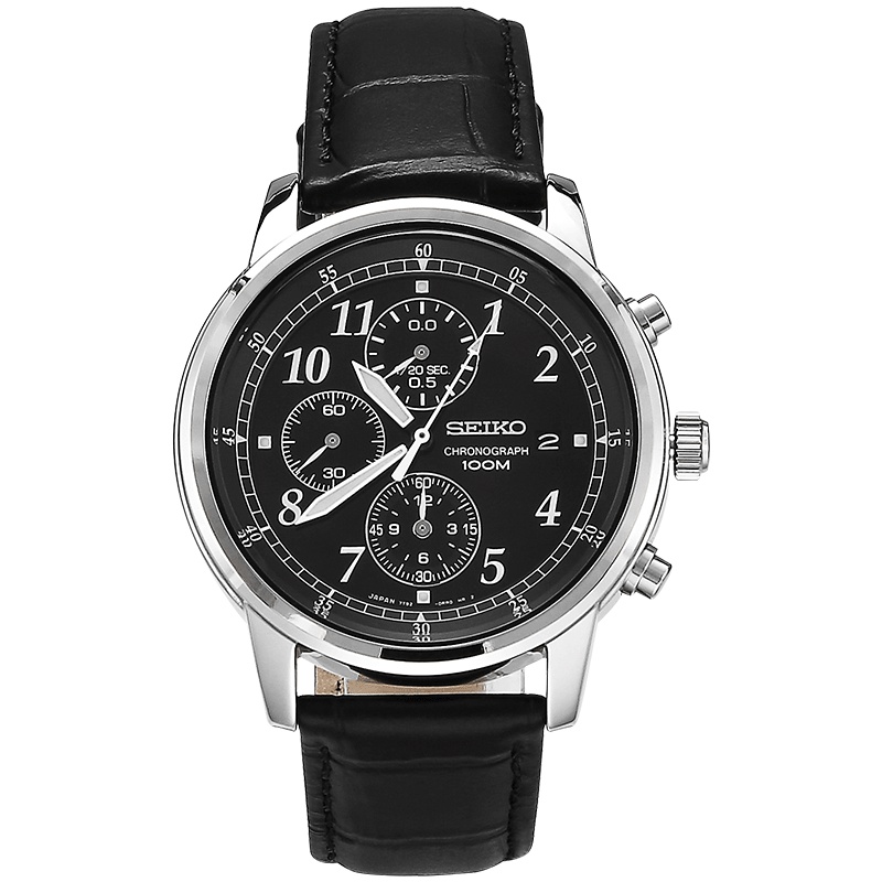 SEIKO日韩品牌正品原装精工Chronograph日历夜明石英表男皮带三眼盘黑色手表SNDC33J1