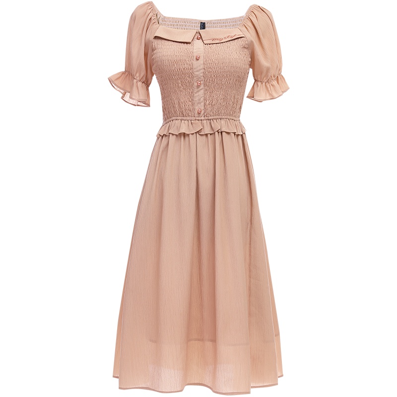 欧昵雪夏季木耳边喇叭袖宫廷风复古绣花方领连衣裙女短袖