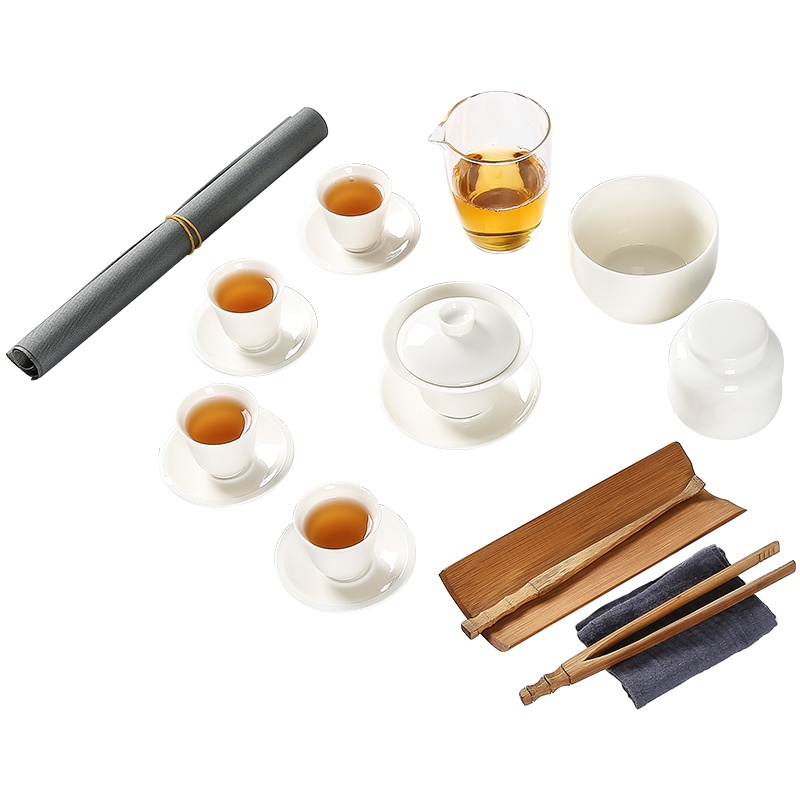 常生源 茶具套装 陶瓷功夫茶具 高白瓷盖碗茶杯茶道公道杯建水茶叶罐 茶艺教学 瑞雪茶具套组