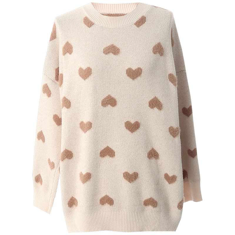 OUNIXUE欧昵雪 | [慵懒风混纺针织衫]冬季减龄罗纹圆领套头爱心图案毛衣女