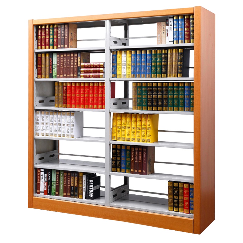 永格学校图书馆书架钢制资料展示架阅览室木护板双面书架 一列2组