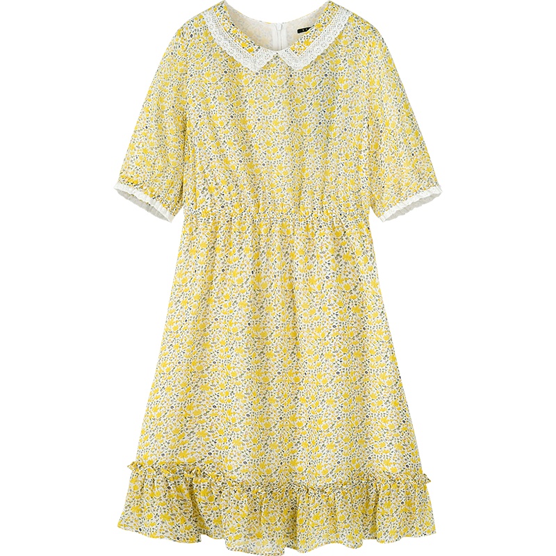 【领198-100券再购】Semir森马翻领连衣裙女2019夏季新款蕾丝边碎花雪纺裙法式复古裙过膝