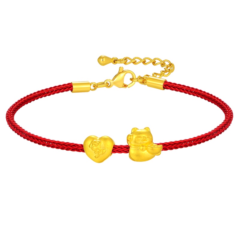 蒂蔻 福袋招财猫黄金手链女款3D硬足金钢丝红绳手饰生日礼物送女朋友