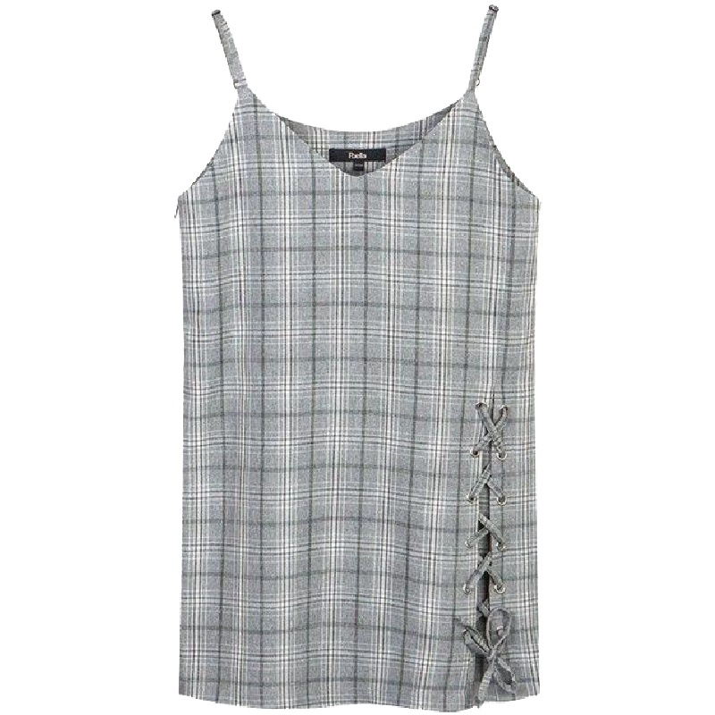 新款拉夏贝尔韩版新款学生潮流百搭无袖v领格子短款吊带裙连衣裙女2T000075