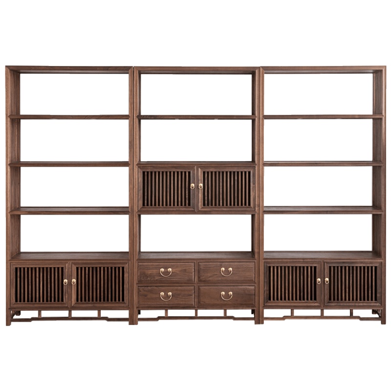 新中式书架黑胡桃木实木书柜展柜禅意茶架置物架仿古老榆木博古架 北美黑胡桃木三组合书架-B款 1-1.2米安心抵