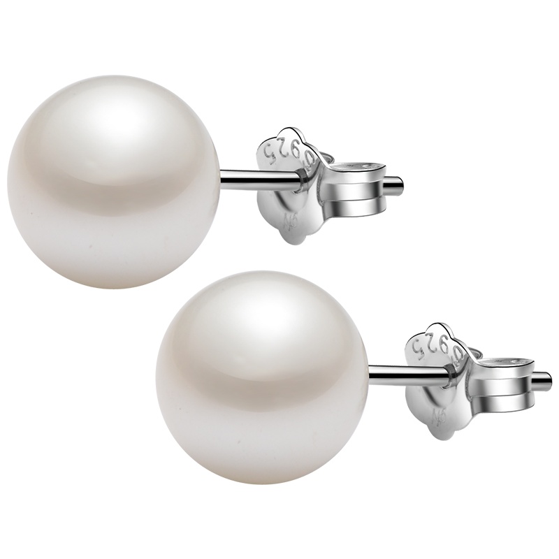 [京润珍珠]聚倾心 S925银镶白色淡水珍珠耳钉 7-8mm正圆优雅简约显气质