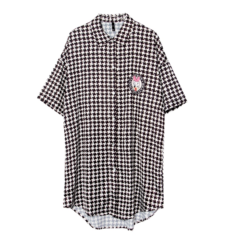 蓝旗 2021春夏新款女士睡裙薄款冰丝千鸟格可爱印花衬衫裙家居服可外穿