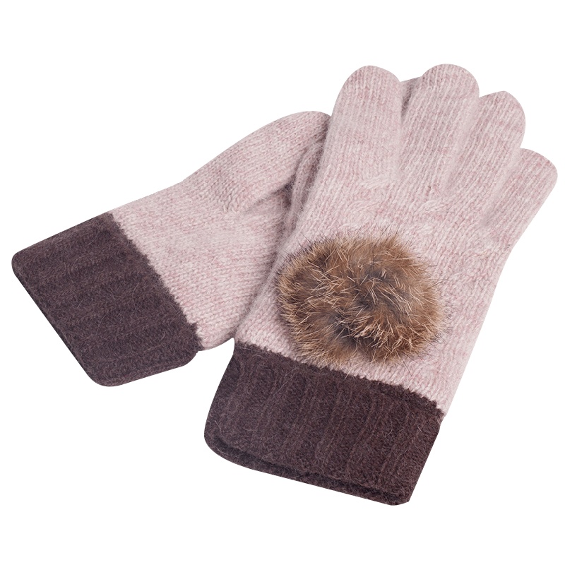 乐为毛线手套女士秋冬季天可爱毛球羊毛针织手套双层加厚户外保暖学生韩版潮流时尚 15FD367
