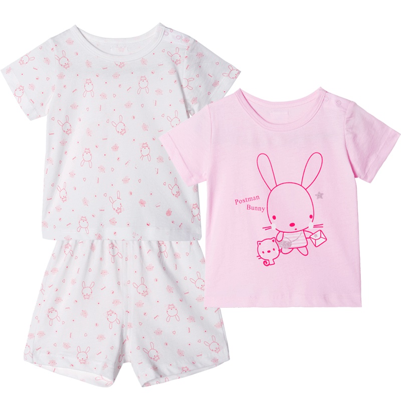 贝贝怡宝宝纯棉透气套装3件套夏装男女童时尚短T短裤192T334