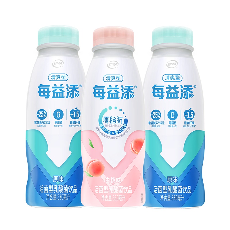 伊利每益添活性乳酸菌0脂肪白桃味小白乳含乳饮料330ml*7瓶