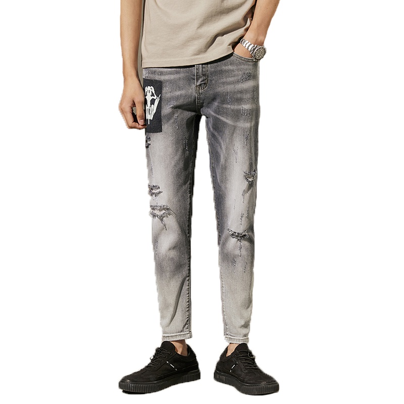 超音狼春夏款 破洞印花九分牛仔裤CD-1857