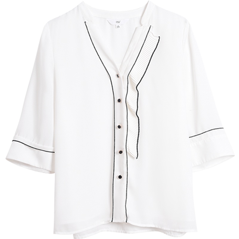 OSA欧莎白色V领雪纺衬衫女夏季2019新款秋装宽松上衣超仙洋气小衫