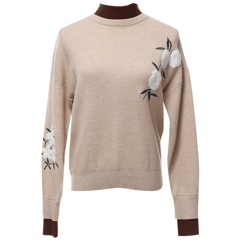 欧昵雪宽松遮肚针织衫女绣花高领套头毛衣