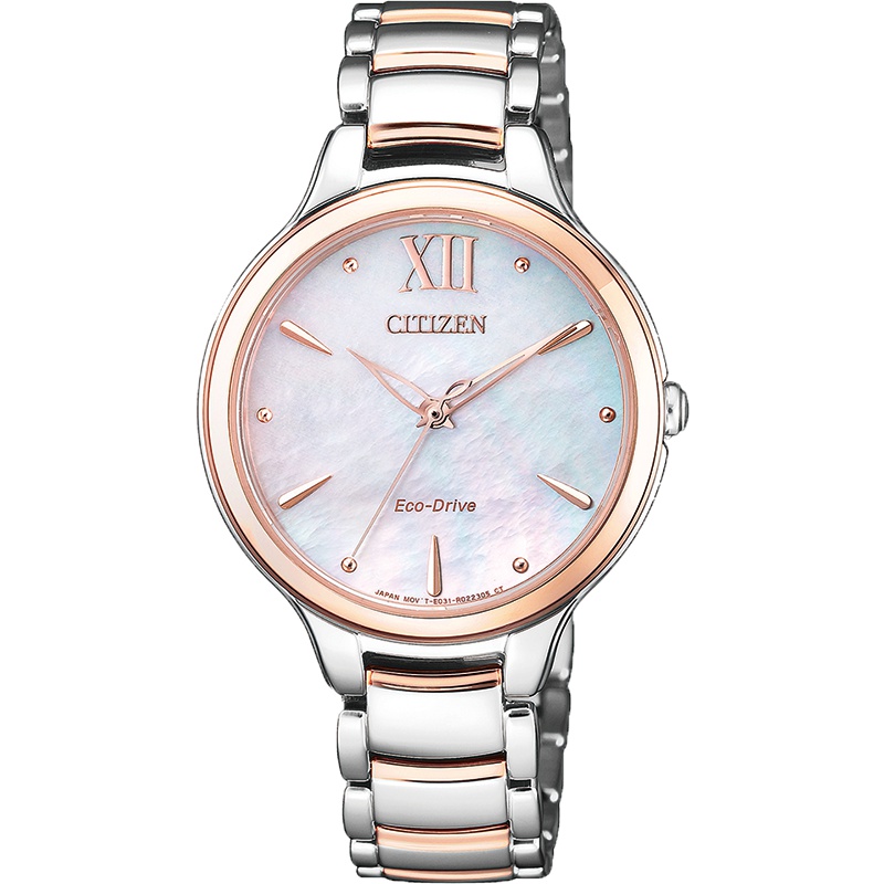 西铁城(CITIZEN)手表女日本光动能间粉金色不锈钢表带天然贝母表盘时尚休闲女表EM0556-87D