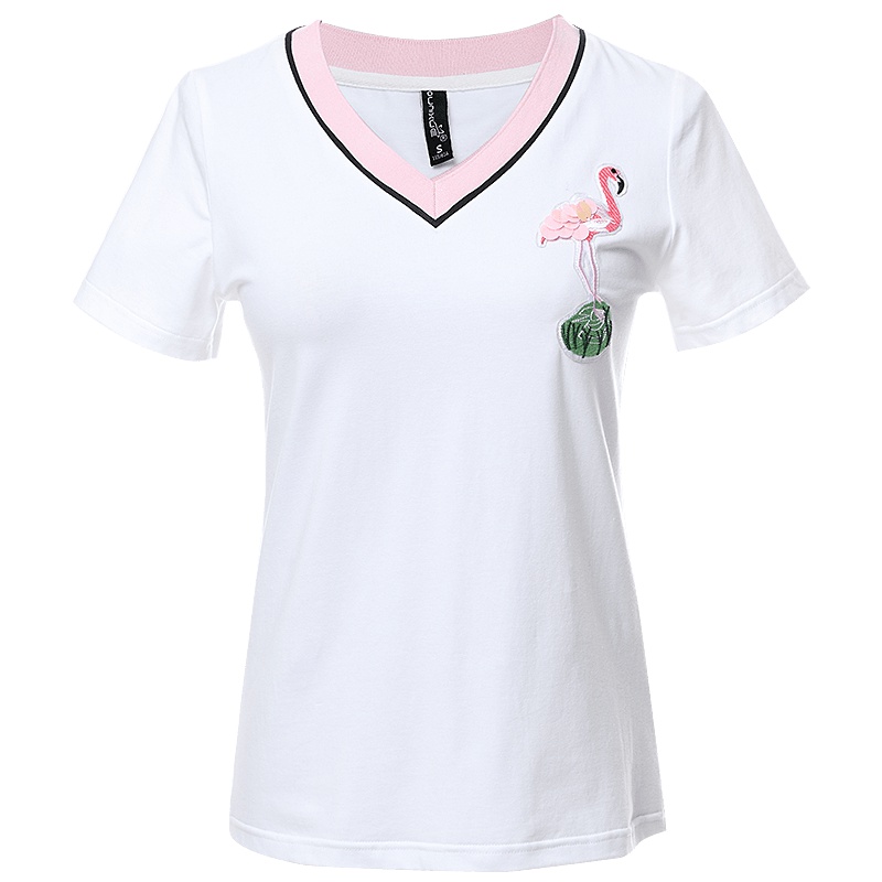 欧昵雪夏季气质休闲亮片绣花V领宽松百搭白色短袖棉T恤女