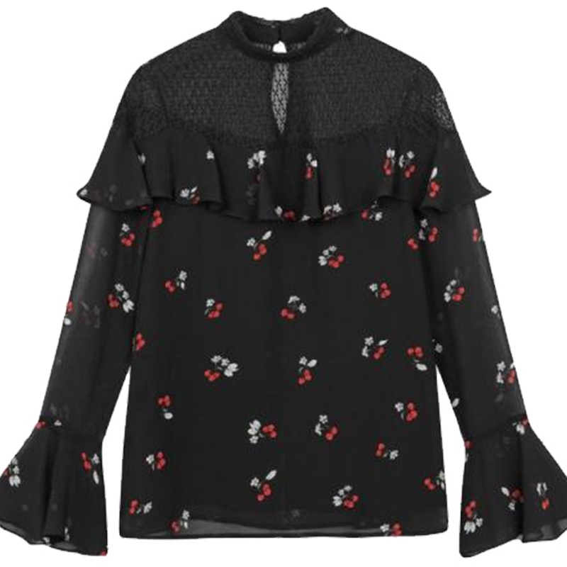 【热卖】蕾丝镂空雪纺衫女士秋冬新款外穿荷叶边网纱内搭打底长袖百搭衬衫10015766