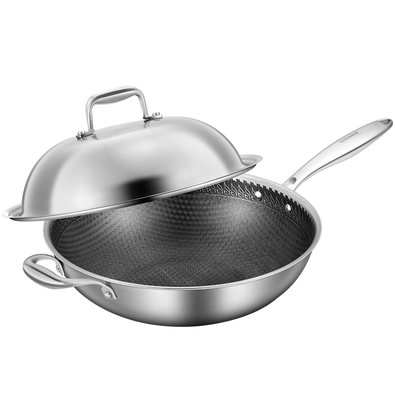 欧美达（omuDa）德国炒锅不粘锅304不锈钢无涂层少油烟炒菜锅多功能家用燃气灶电磁炉通用煎锅 电木手柄可视玻璃盖