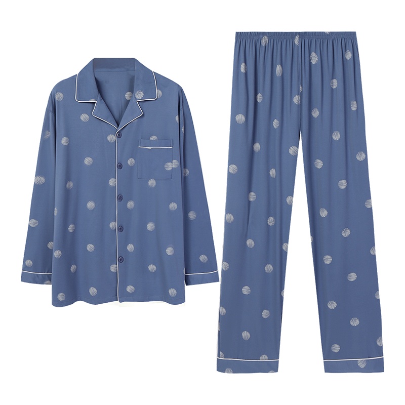 安之伴睡衣男国民领简约圆点开衫套装针织印花国民领长袖可外穿男士家居服套装