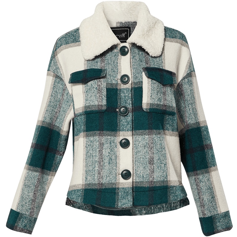 欧昵雪秋冬复古翻领前短后长格子毛呢外套女长袖宽松上衣