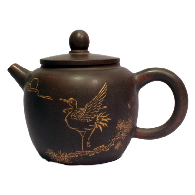 三维工匠钦州坭兴陶窑变色纯全手工大容量刻字小号家用非紫砂泡茶壶茶 松鹤延年250茶具