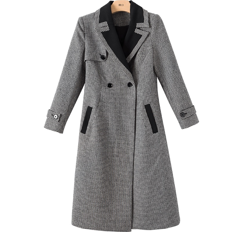 晚白2020冬季新品时尚格子修身中长款A字西装羊毛毛呢大衣外套女