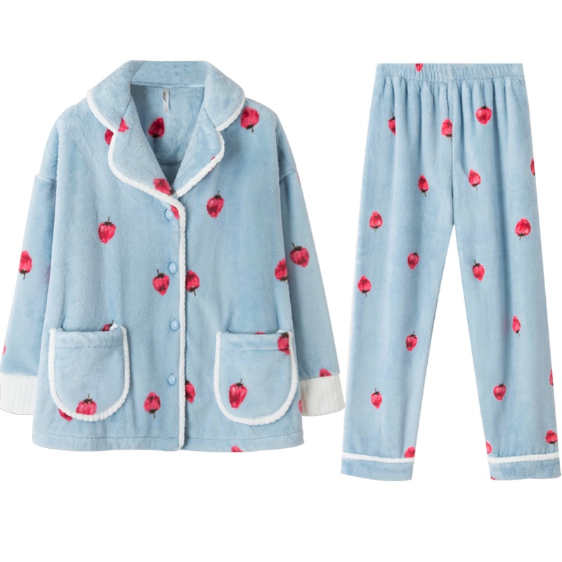 双面珊瑚绒印草莓长袖女套装