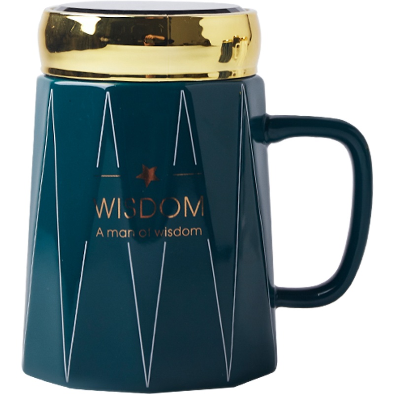 麦可可 创意个性经典办公早餐牛奶情侣家用陶瓷杯品悦马克水杯 带盖470ML翡翠绿