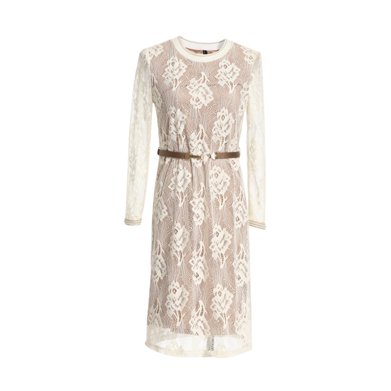 欧昵雪秋装套头圆领收腰显瘦镂空蕾丝连衣裙女九分袖