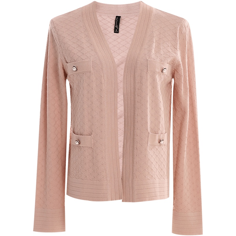 欧昵雪减龄V领菱格显瘦针织开衫女长袖短款毛衣外套