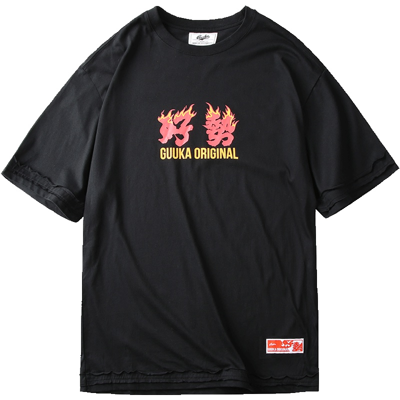 Guuka潮牌黑色T恤女短袖宽松嘻哈情侣五分袖闽风文化衫女T恤纯棉