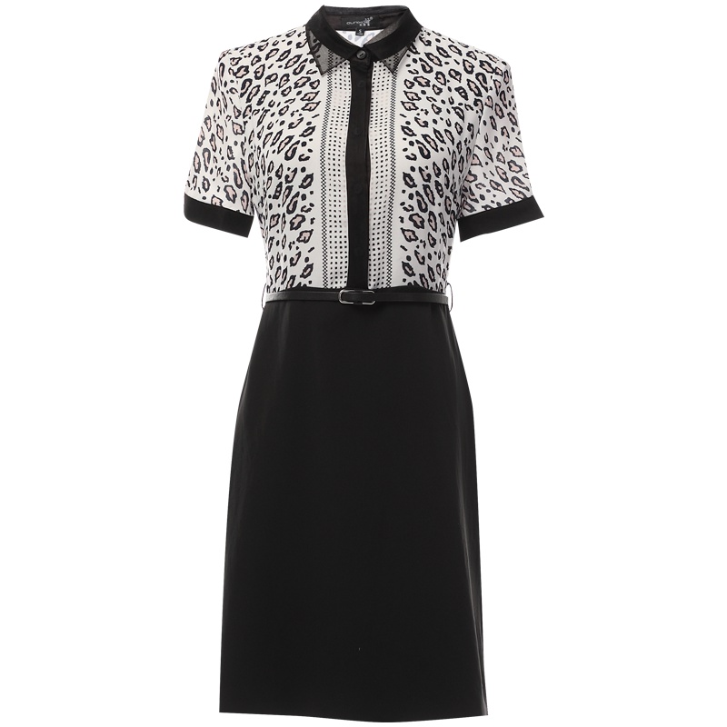 欧昵雪夏季纱翻领豹纹短袖高腰拼接假两件连衣裙女短裙