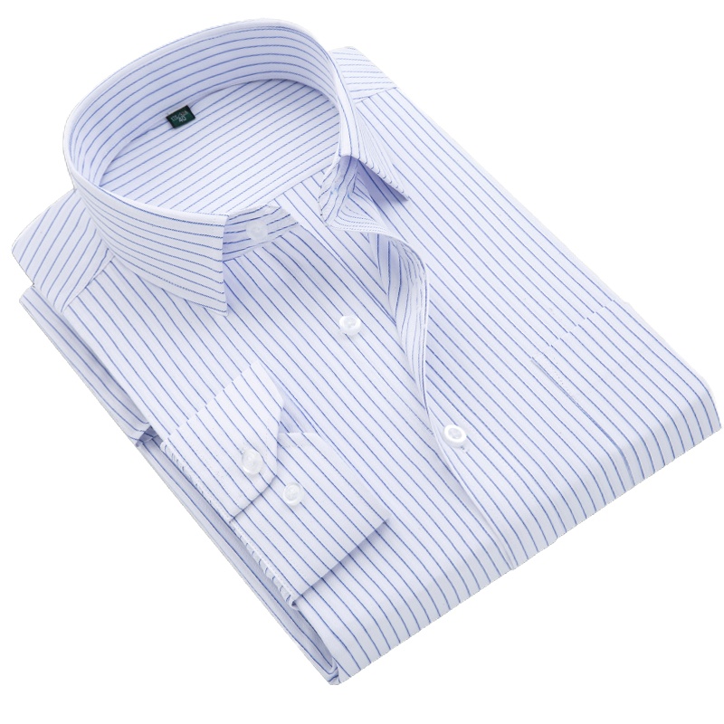 gurunvani 2021春秋季长袖衬衫男商务休闲白衬衣男免烫蓝色条纹工作服工装正装寸衫