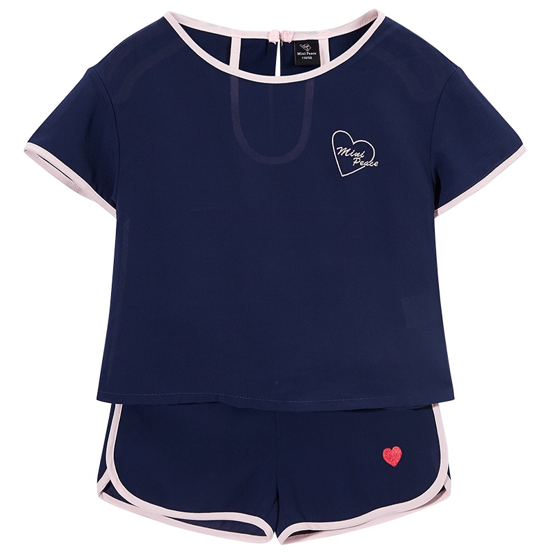 minipeace女童套装运动休闲短袖T恤+短裤雪纺两件套夏装新款