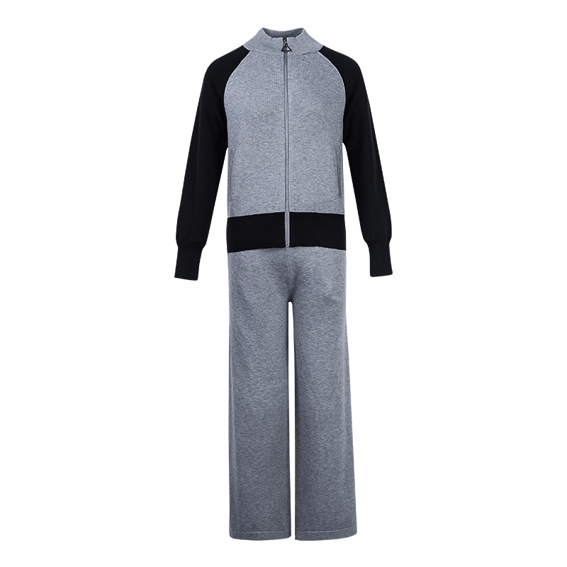 晚白 2020春新品简约高领针织外套松紧高腰阔腿裤休闲裤职业套装女