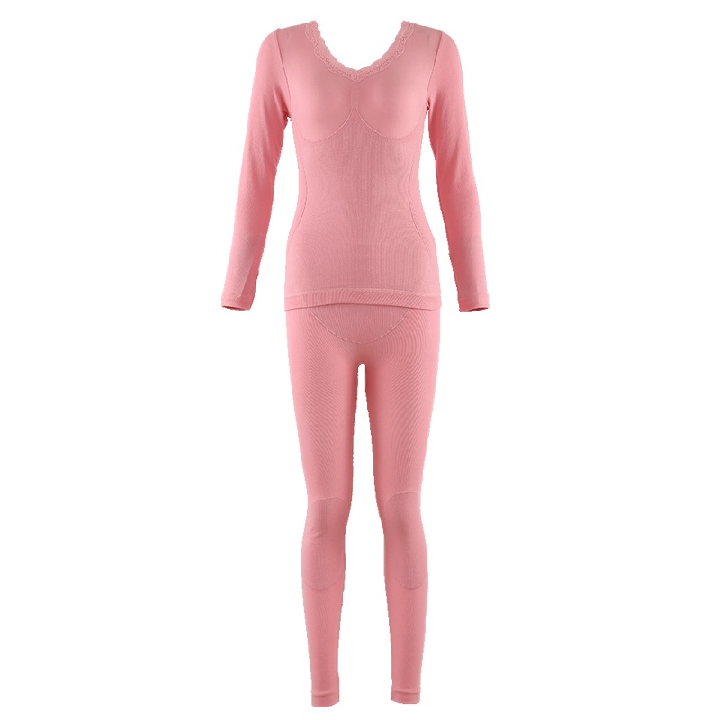 蕾丝领口修身显瘦加绒加厚秋衣秋裤女士保暖内衣套装