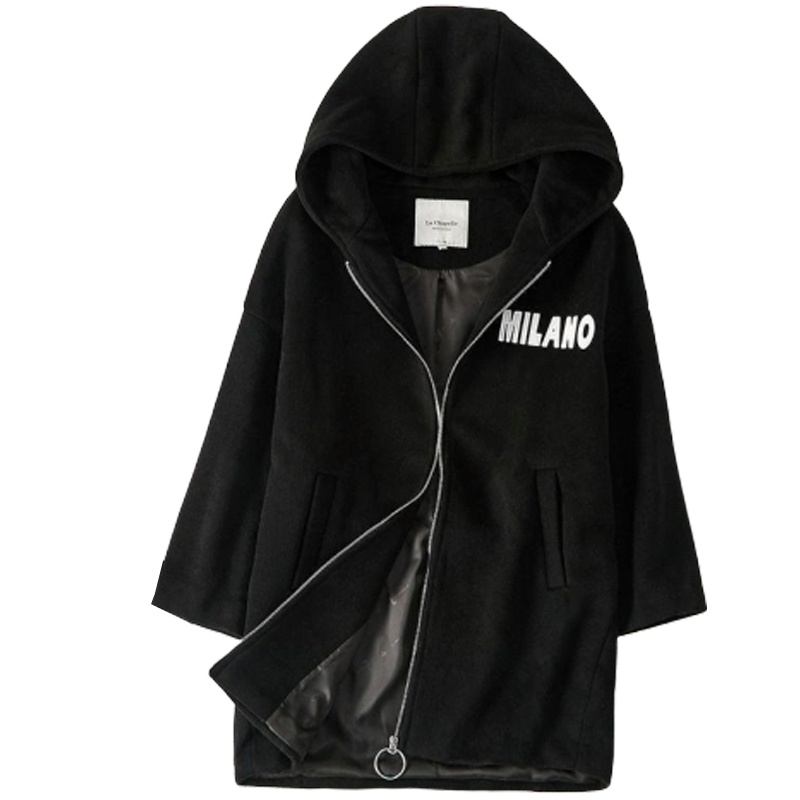 拉夏贝尔秋冬新款茧型宽松显瘦韩版中长款连帽毛呢大衣女10015473