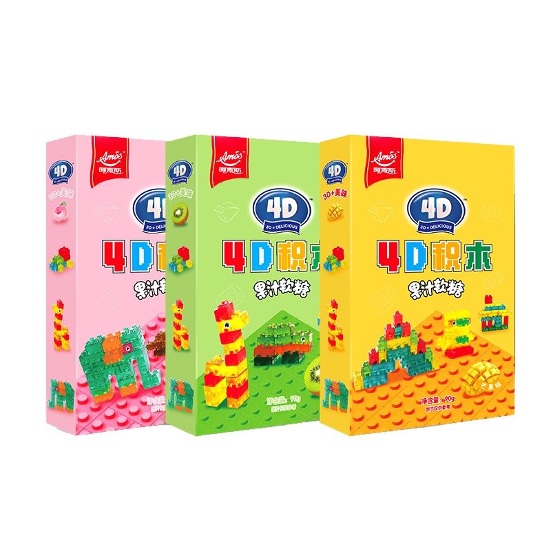 阿麦斯(amos) 4D积木果汁软糖橡皮糖 90g*3盒 (芒果+水蜜桃+奇异果)