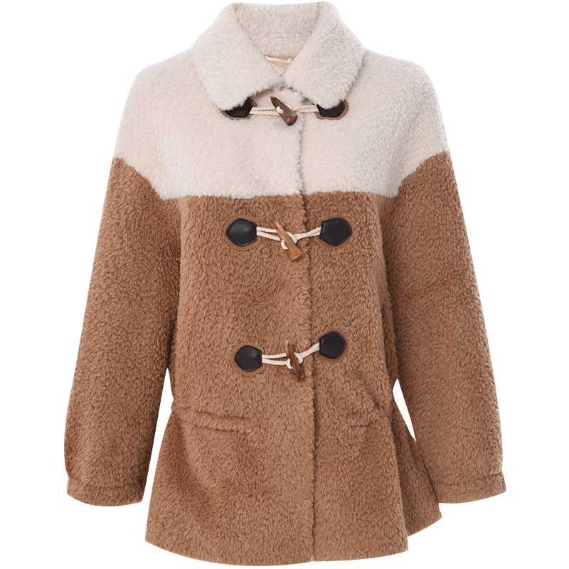 欧昵雪冬装翻领牛角扣羊羔毛中长款外套女保暖皮大衣